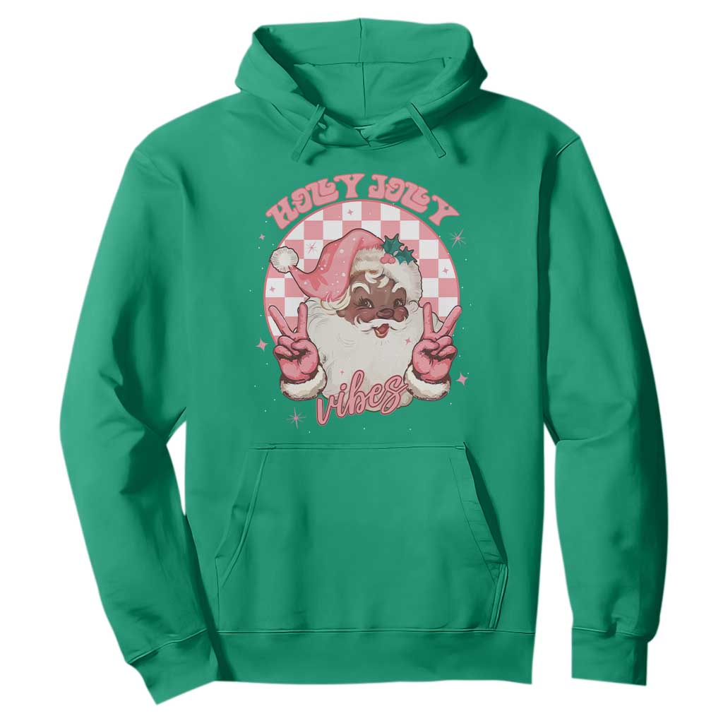 Funny Pink Christmas Retro Black Santa Hoodie Holly Jolly Vibes Checkboards