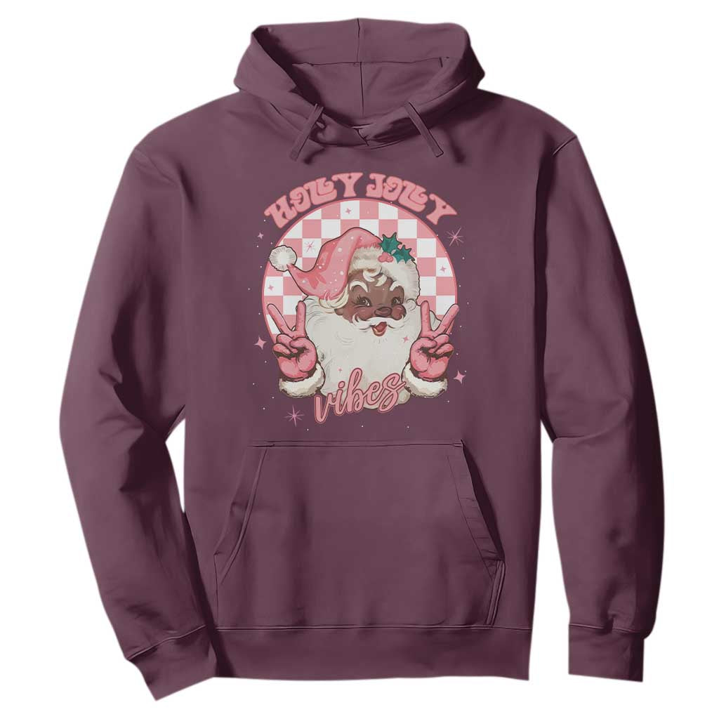 Funny Pink Christmas Retro Black Santa Hoodie Holly Jolly Vibes Checkboards