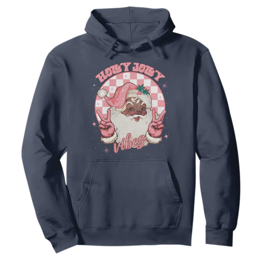 Funny Pink Christmas Retro Black Santa Hoodie Holly Jolly Vibes Checkboards