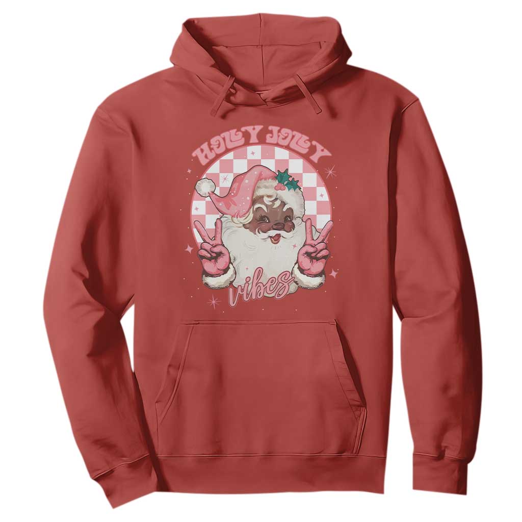 Funny Pink Christmas Retro Black Santa Hoodie Holly Jolly Vibes Checkboards