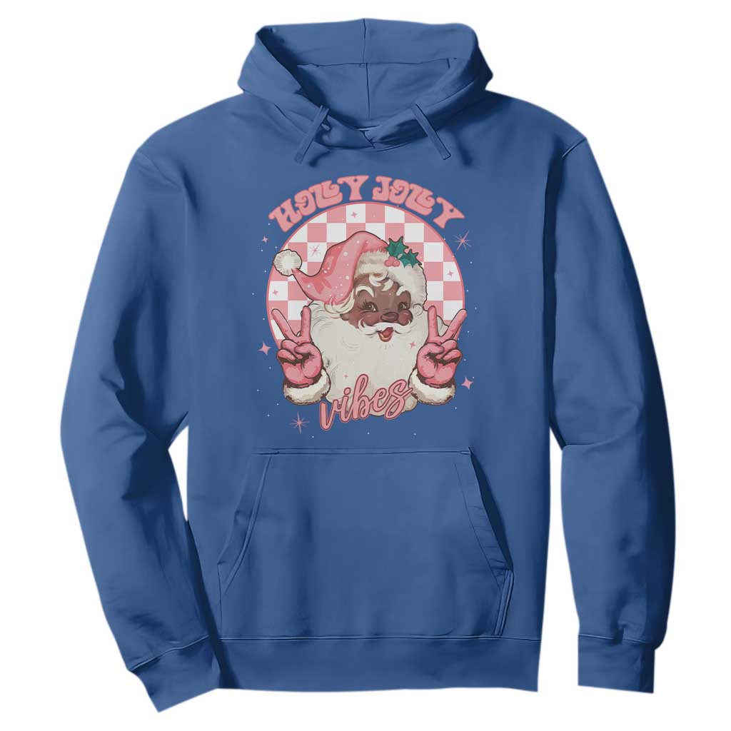 Funny Pink Christmas Retro Black Santa Hoodie Holly Jolly Vibes Checkboards