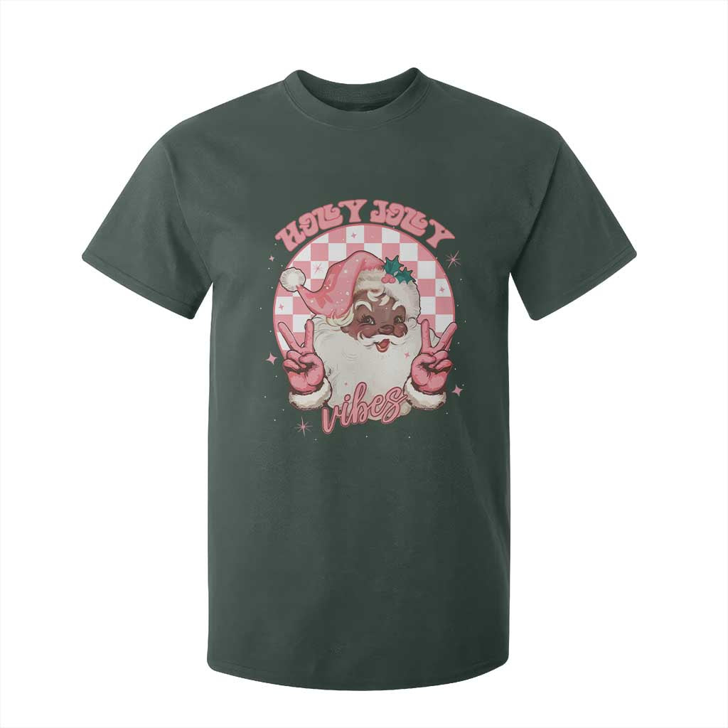 Funny Pink Christmas Retro Black Santa T Shirt For Kid Holly Jolly Vibes Checkboards