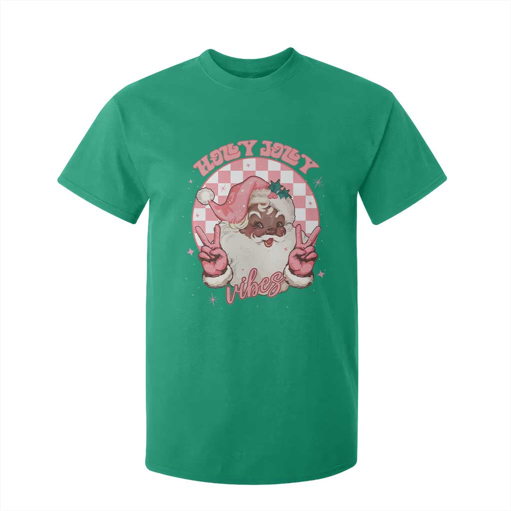 Funny Pink Christmas Retro Black Santa T Shirt For Kid Holly Jolly Vibes Checkboards