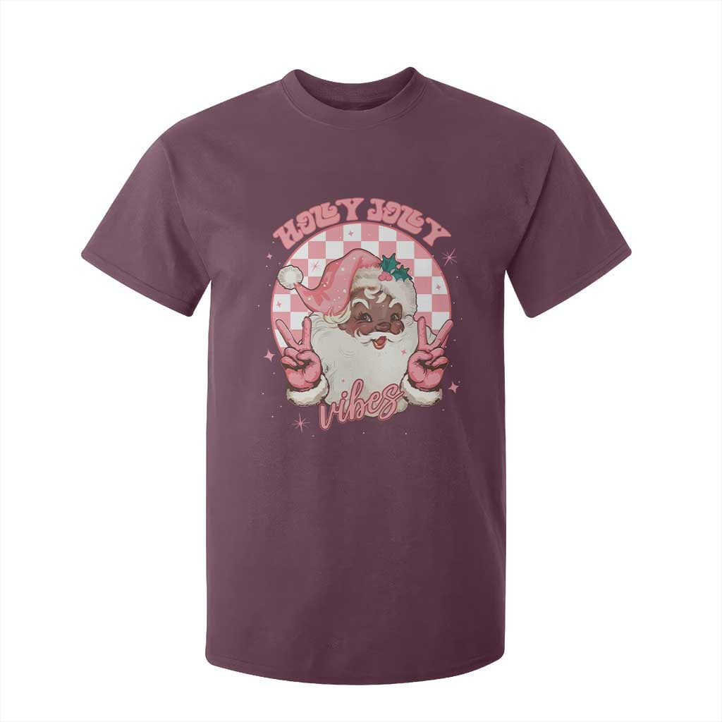 Funny Pink Christmas Retro Black Santa T Shirt For Kid Holly Jolly Vibes Checkboards
