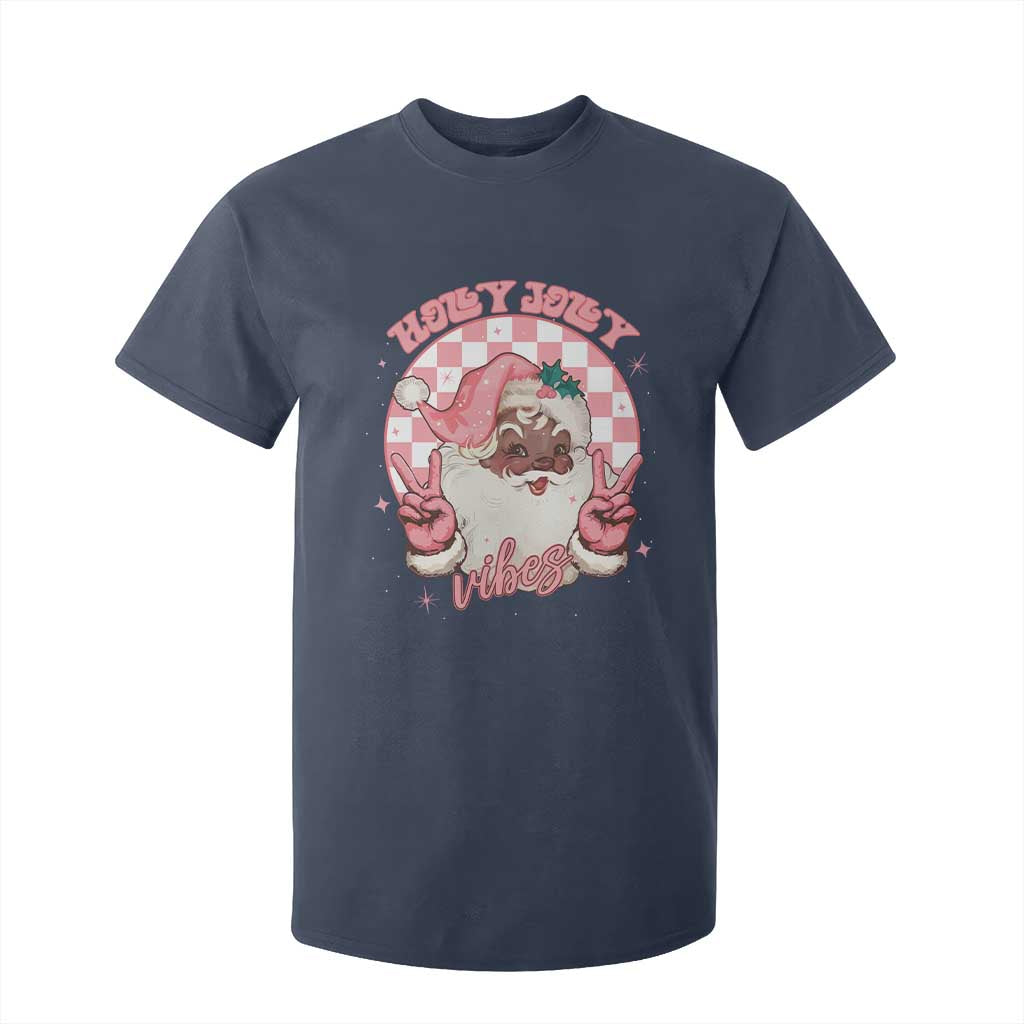 Funny Pink Christmas Retro Black Santa T Shirt For Kid Holly Jolly Vibes Checkboards