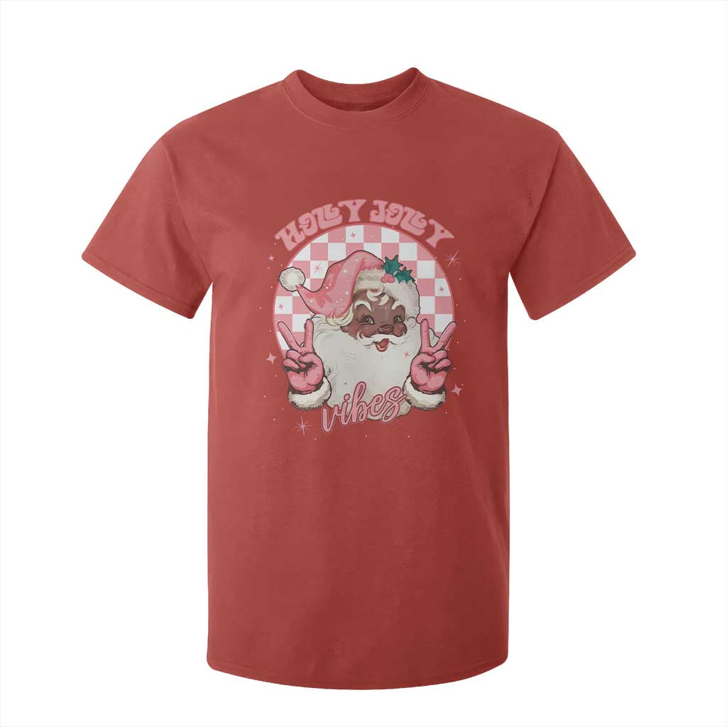 Funny Pink Christmas Retro Black Santa T Shirt For Kid Holly Jolly Vibes Checkboards