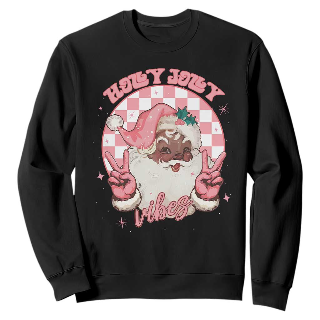 Funny Pink Christmas Retro Black Santa Sweatshirt Holly Jolly Vibes Checkboards