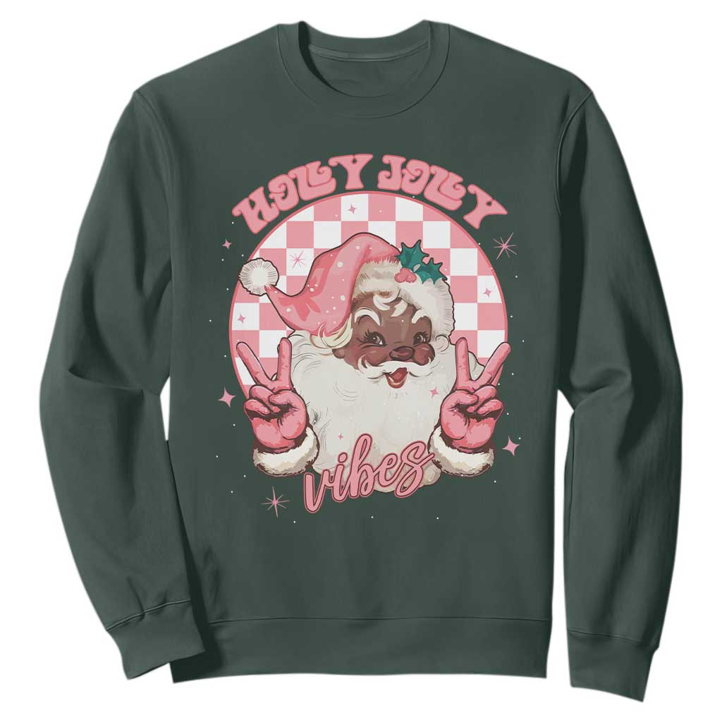 Funny Pink Christmas Retro Black Santa Sweatshirt Holly Jolly Vibes Checkboards