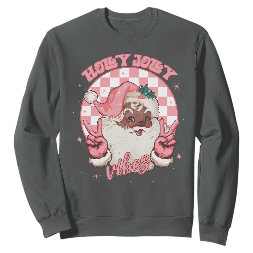 Funny Pink Christmas Retro Black Santa Sweatshirt Holly Jolly Vibes Checkboards