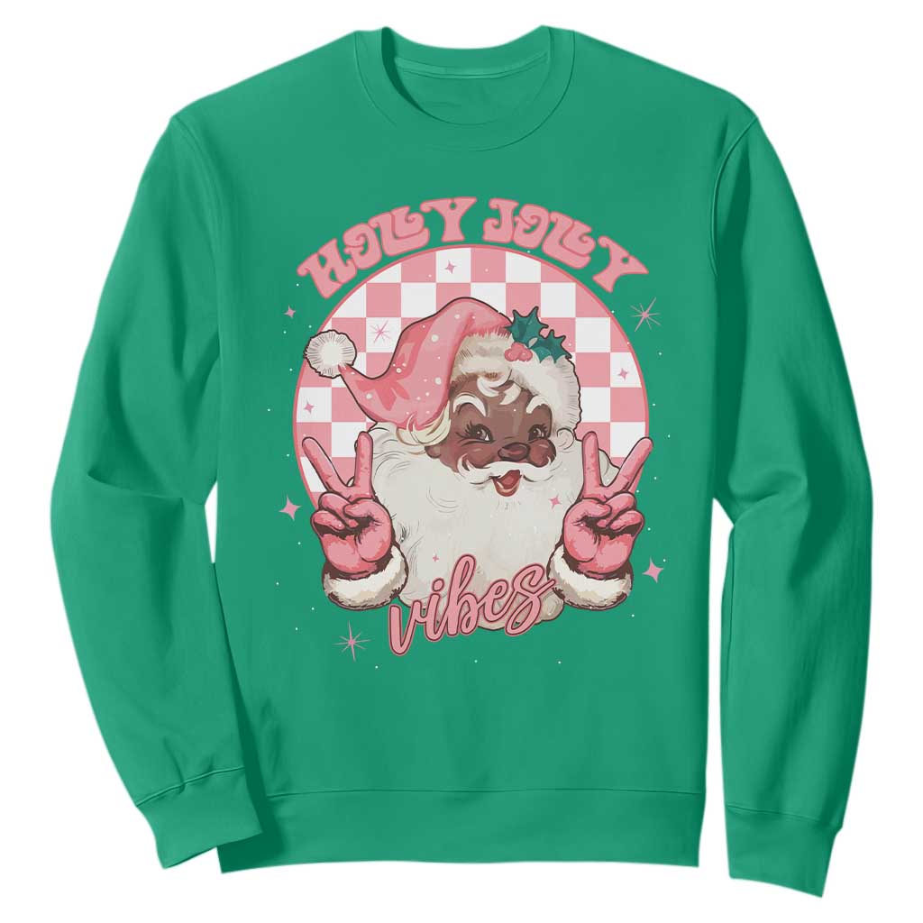 Funny Pink Christmas Retro Black Santa Sweatshirt Holly Jolly Vibes Checkboards