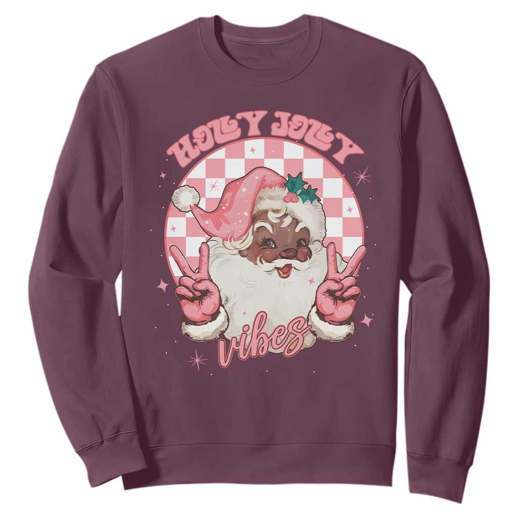 Funny Pink Christmas Retro Black Santa Sweatshirt Holly Jolly Vibes Checkboards