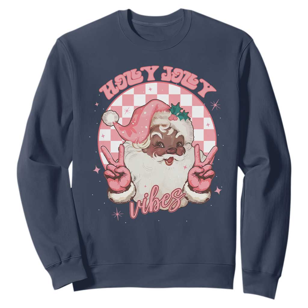 Funny Pink Christmas Retro Black Santa Sweatshirt Holly Jolly Vibes Checkboards