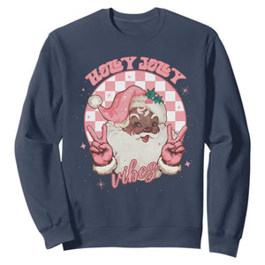 Funny Pink Christmas Retro Black Santa Sweatshirt Holly Jolly Vibes Checkboards