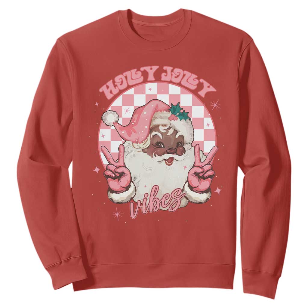 Funny Pink Christmas Retro Black Santa Sweatshirt Holly Jolly Vibes Checkboards
