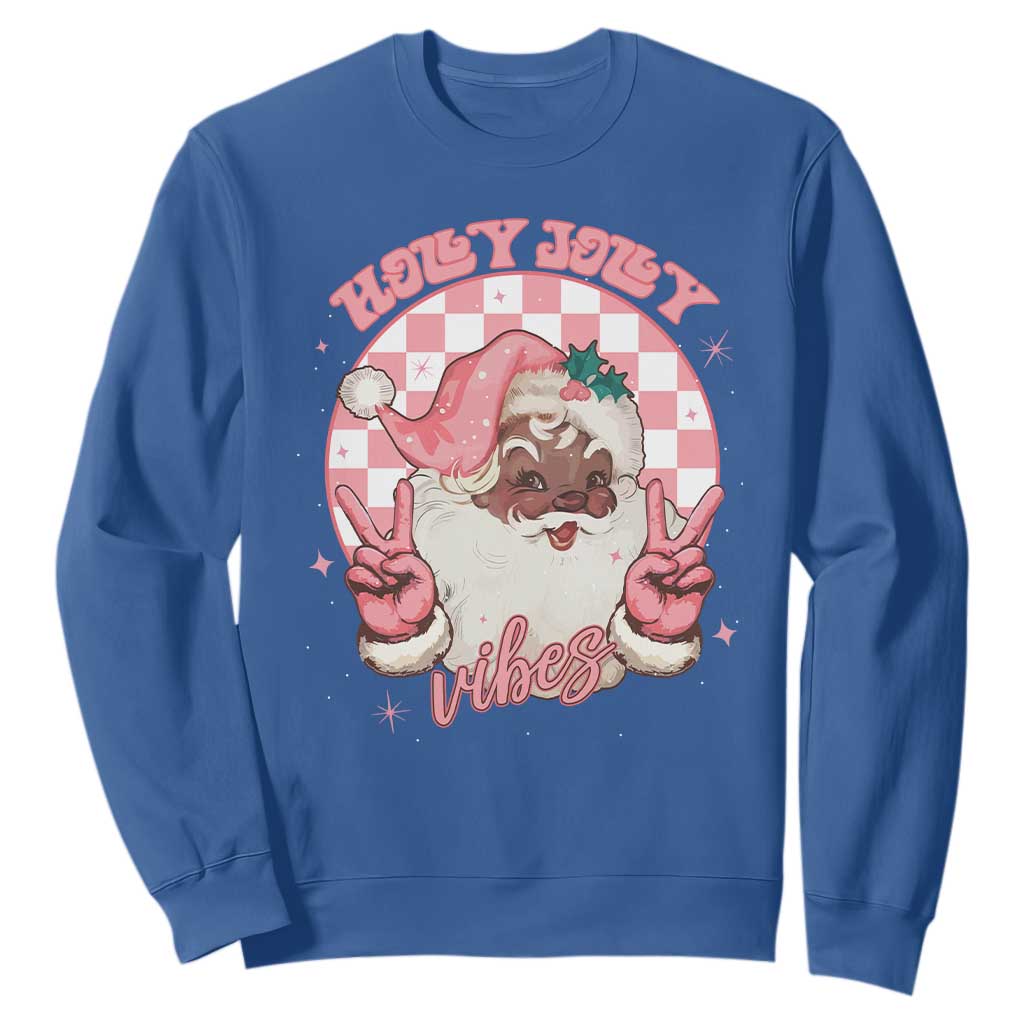 Funny Pink Christmas Retro Black Santa Sweatshirt Holly Jolly Vibes Checkboards