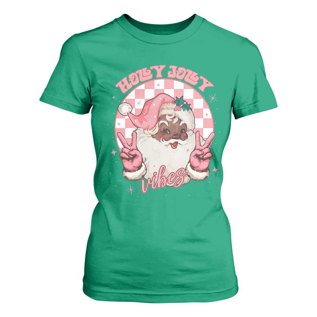 Funny Pink Christmas Retro Black Santa T Shirt For Women Holly Jolly Vibes Checkboards