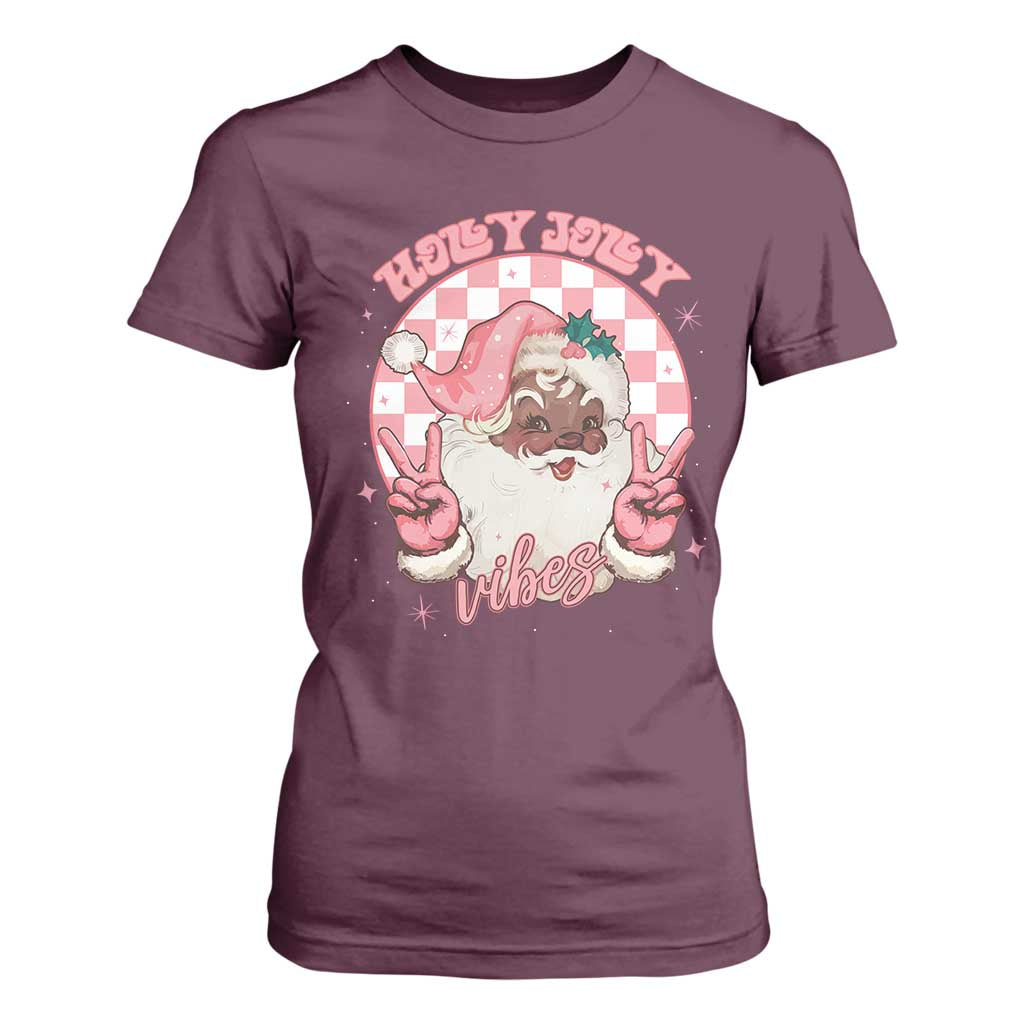 Funny Pink Christmas Retro Black Santa T Shirt For Women Holly Jolly Vibes Checkboards