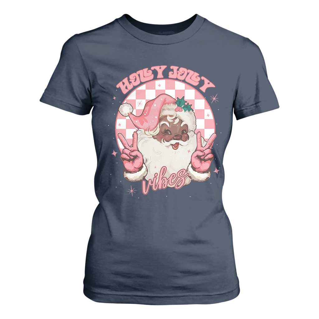Funny Pink Christmas Retro Black Santa T Shirt For Women Holly Jolly Vibes Checkboards