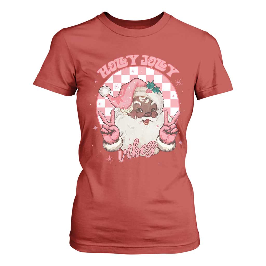 Funny Pink Christmas Retro Black Santa T Shirt For Women Holly Jolly Vibes Checkboards