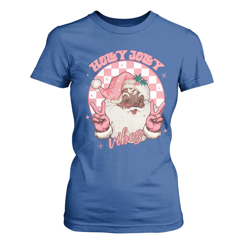 Funny Pink Christmas Retro Black Santa T Shirt For Women Holly Jolly Vibes Checkboards