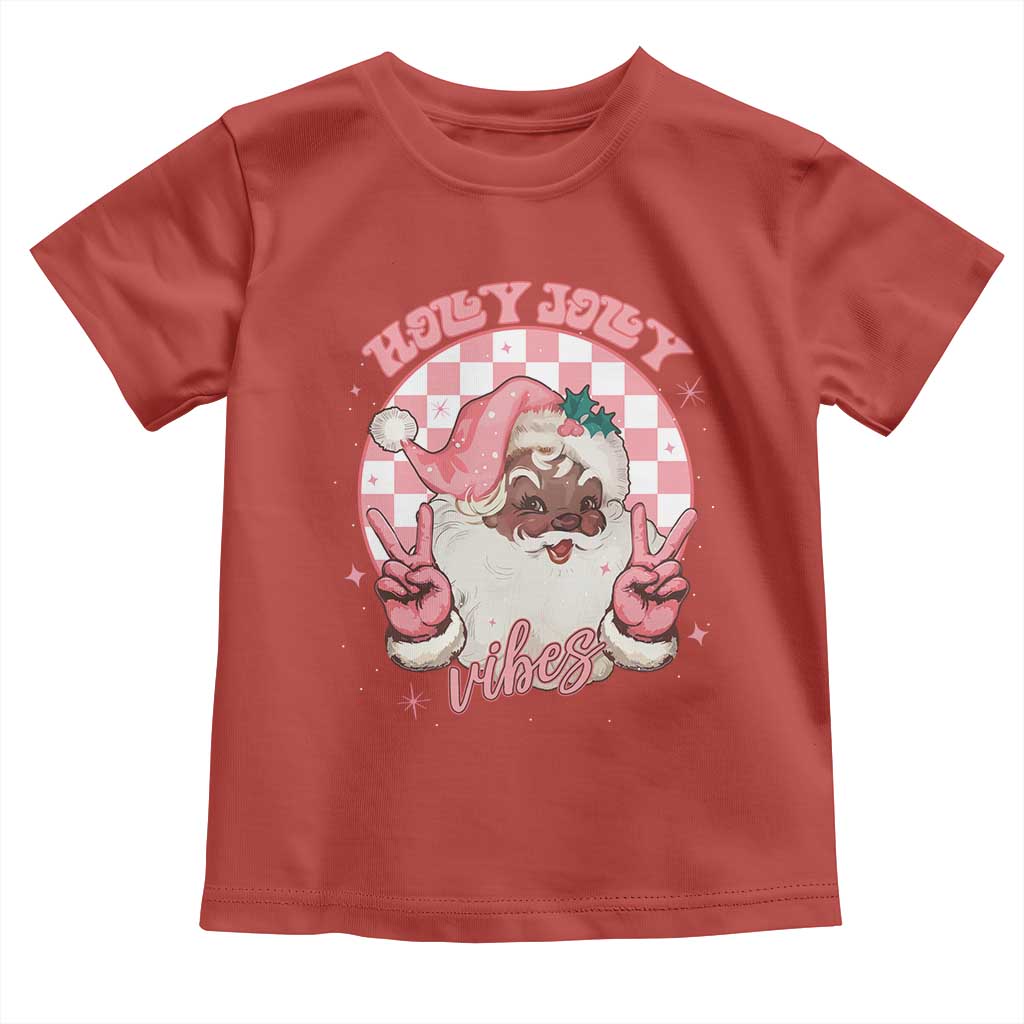 Funny Pink Christmas Retro Black Santa Toddler T Shirt Holly Jolly Vibes Checkboards