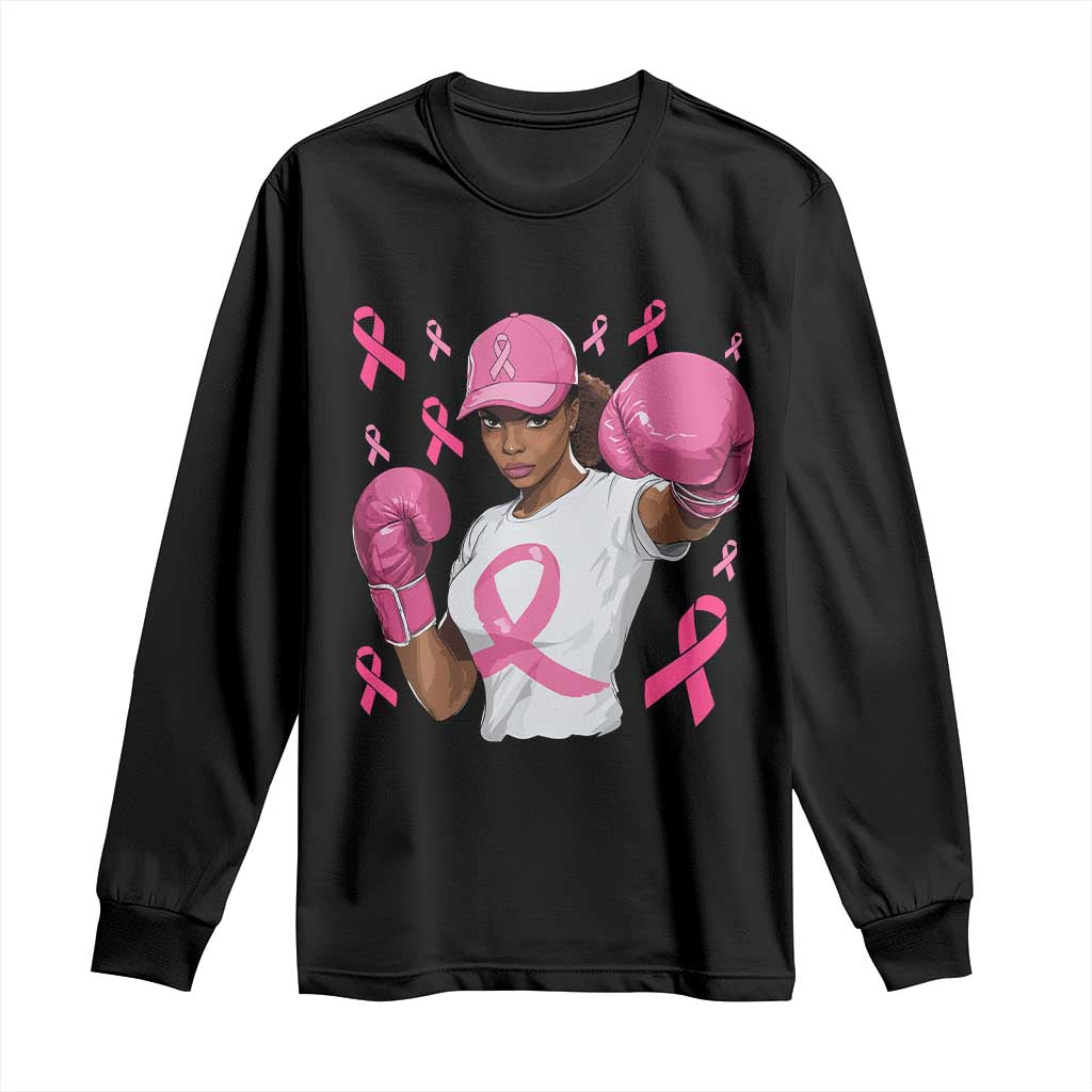 African American Fighter Breast Cancer Awareness Long Sleeve Shirt Pink Ribbon - African Pride