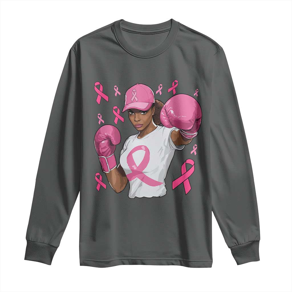 African American Fighter Breast Cancer Awareness Long Sleeve Shirt Pink Ribbon - African Pride