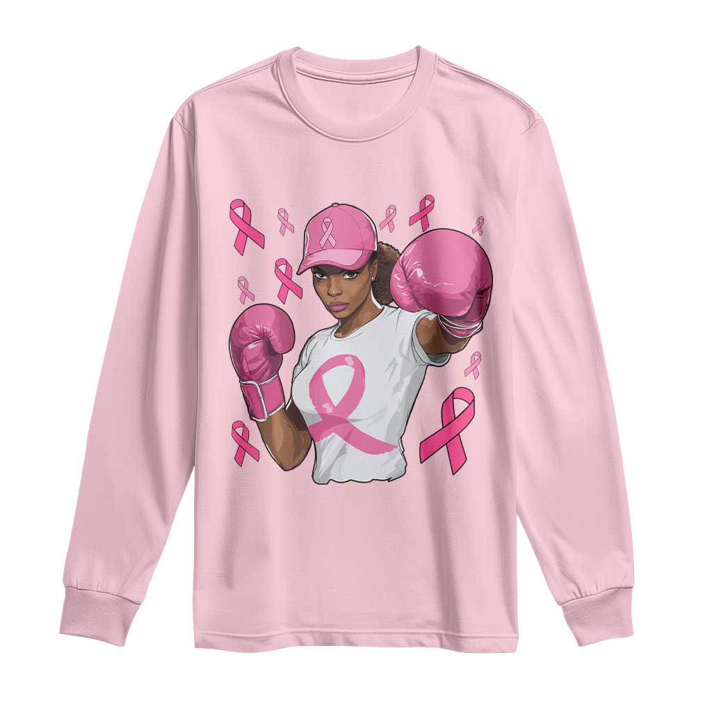 African American Fighter Breast Cancer Awareness Long Sleeve Shirt Pink Ribbon - African Pride