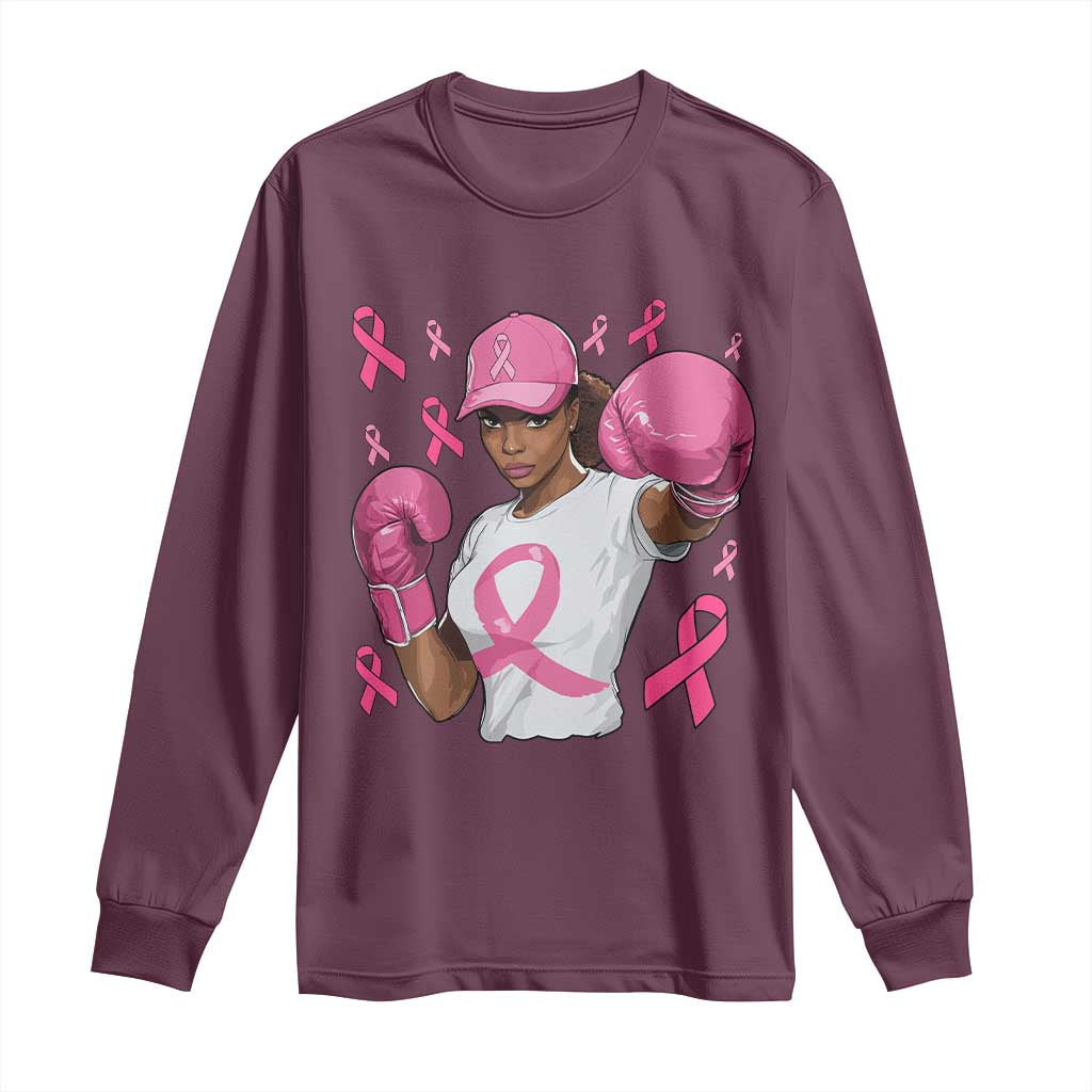African American Fighter Breast Cancer Awareness Long Sleeve Shirt Pink Ribbon - African Pride