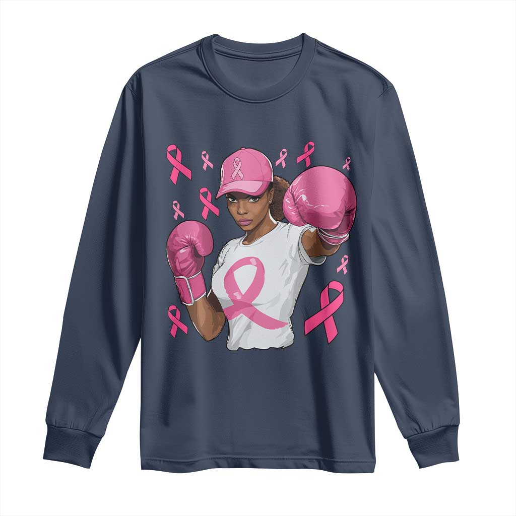 African American Fighter Breast Cancer Awareness Long Sleeve Shirt Pink Ribbon - African Pride