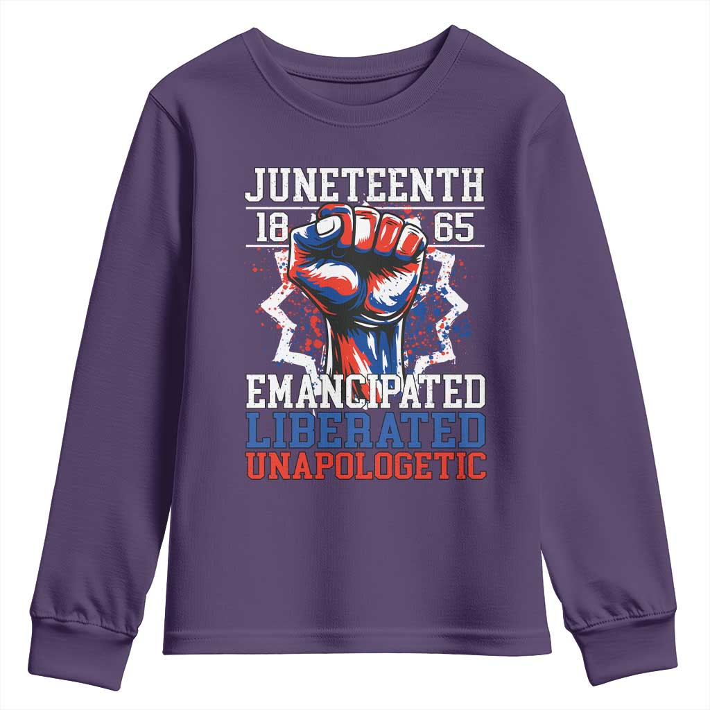 Juneteenth 1865 Emancipated Liberated Unapologetic Youth Sweatshirt Hand Fist Juneteenth Flag