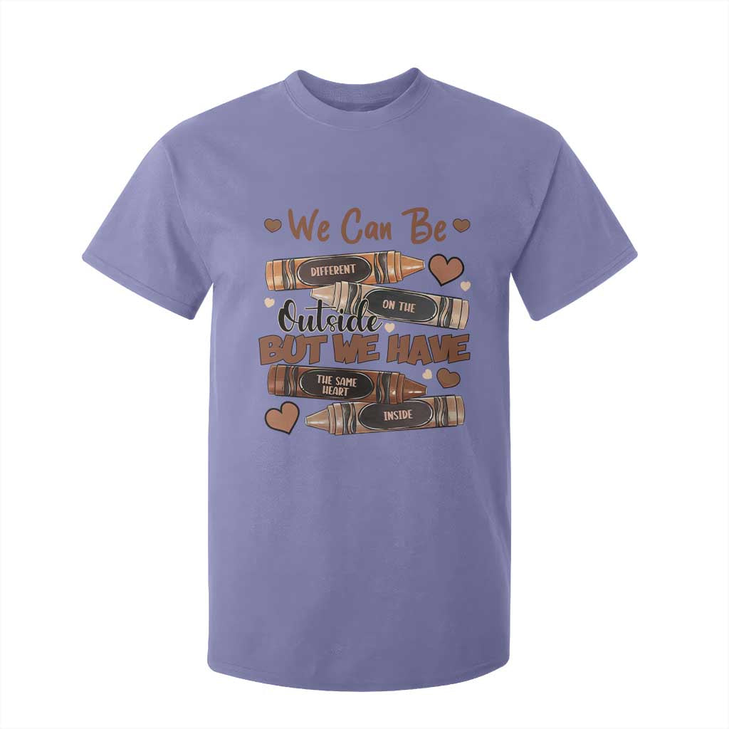 African American Teacher T Shirt For Kid We Can Be Different On The Outside But We Have The Same Heart Inside Melanin Crayons