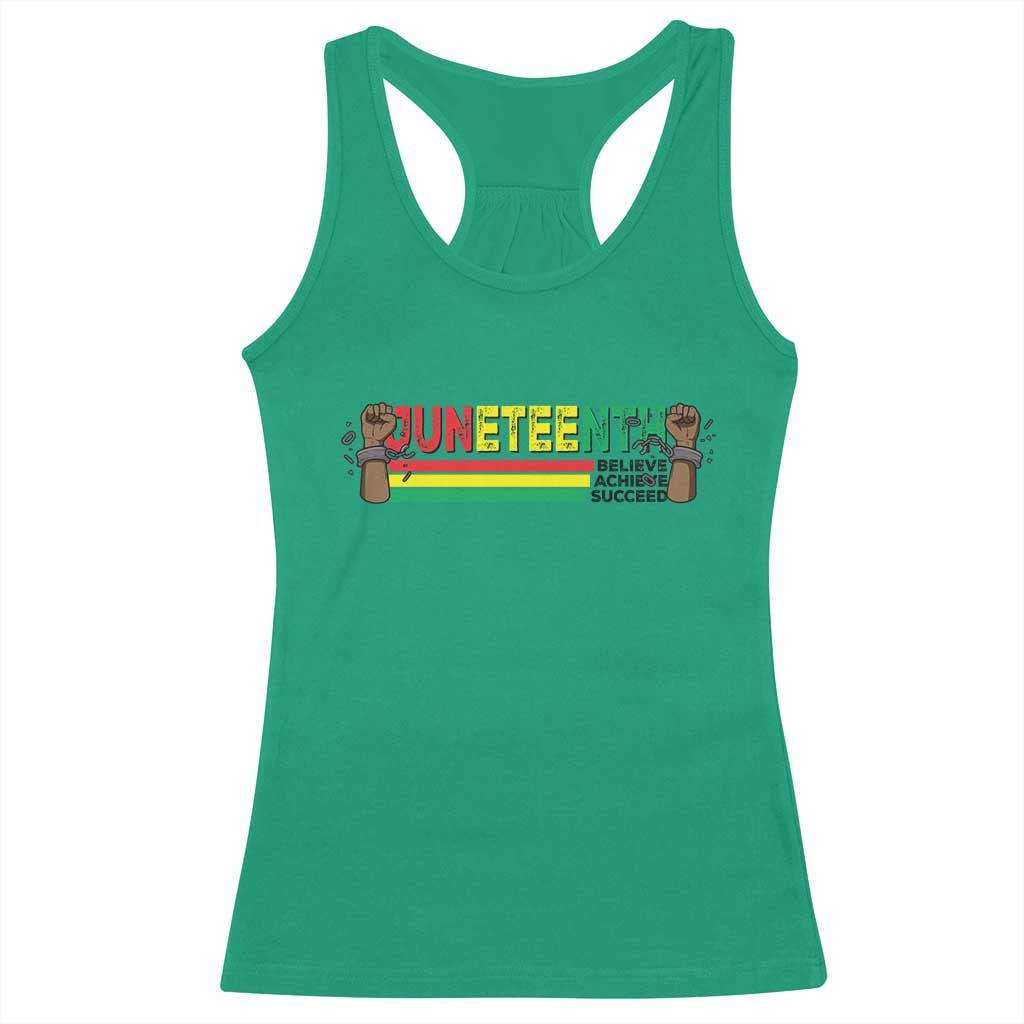 Juneteenth 1865 Racerback Tank Top Believe Achieve Succeed Independence Day Breaking Every Chain