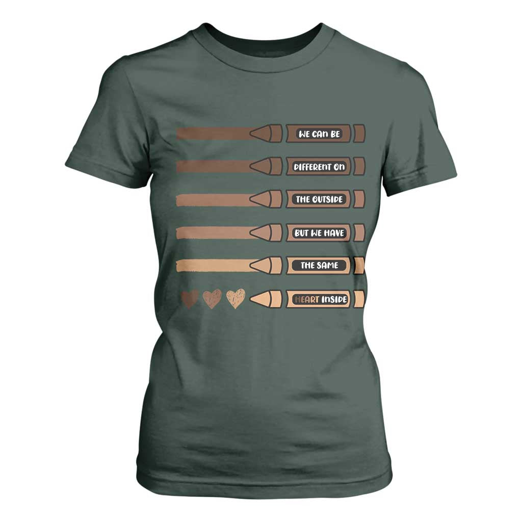 Melanin Black Teacher T Shirt For Women We Can Be Different On The Outside But We Have The Same Heart Inside