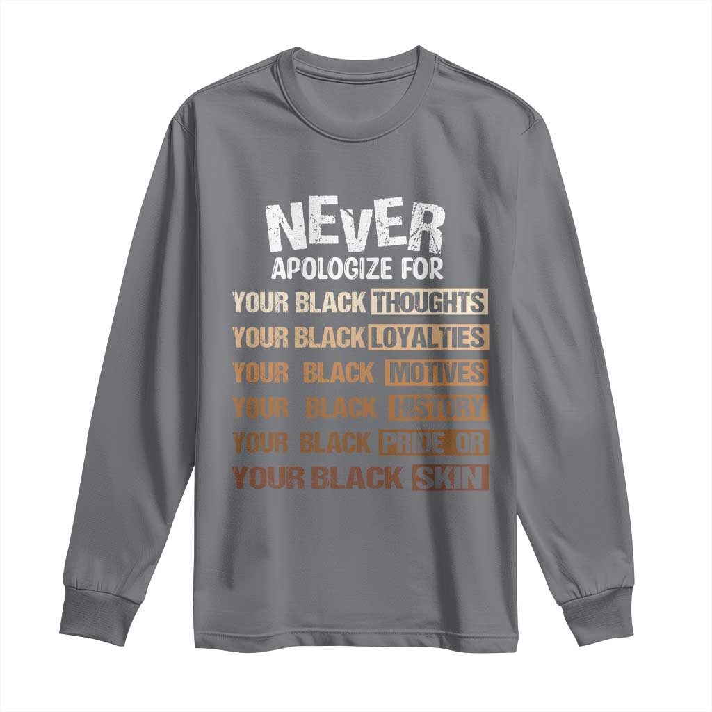 Never Apologize For Your Black Thoughts Loyalties Motives History Pride Or Skin Long Sleeve Shirt Pride African American Black History Month