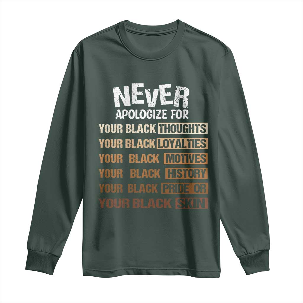 Never Apologize For Your Black Thoughts Loyalties Motives History Pride Or Skin Long Sleeve Shirt Pride African American Black History Month