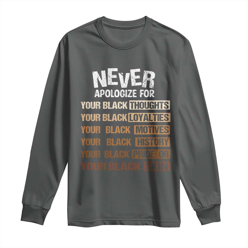 Never Apologize For Your Black Thoughts Loyalties Motives History Pride Or Skin Long Sleeve Shirt Pride African American Black History Month