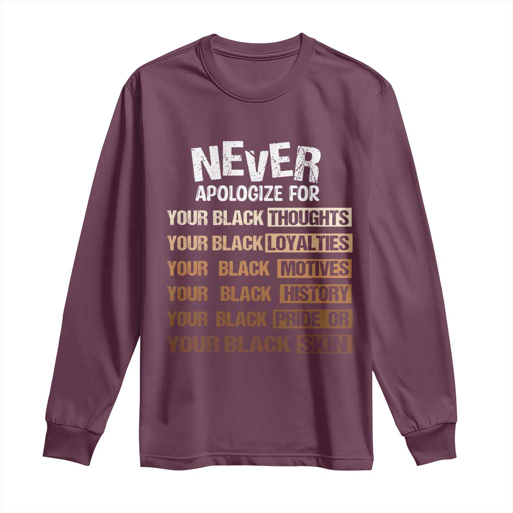 Never Apologize For Your Black Thoughts Loyalties Motives History Pride Or Skin Long Sleeve Shirt Pride African American Black History Month