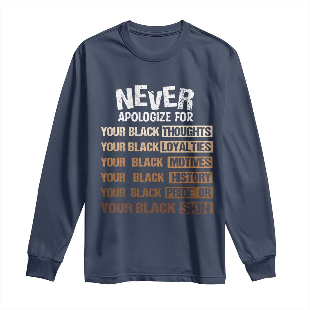 Never Apologize For Your Black Thoughts Loyalties Motives History Pride Or Skin Long Sleeve Shirt Pride African American Black History Month