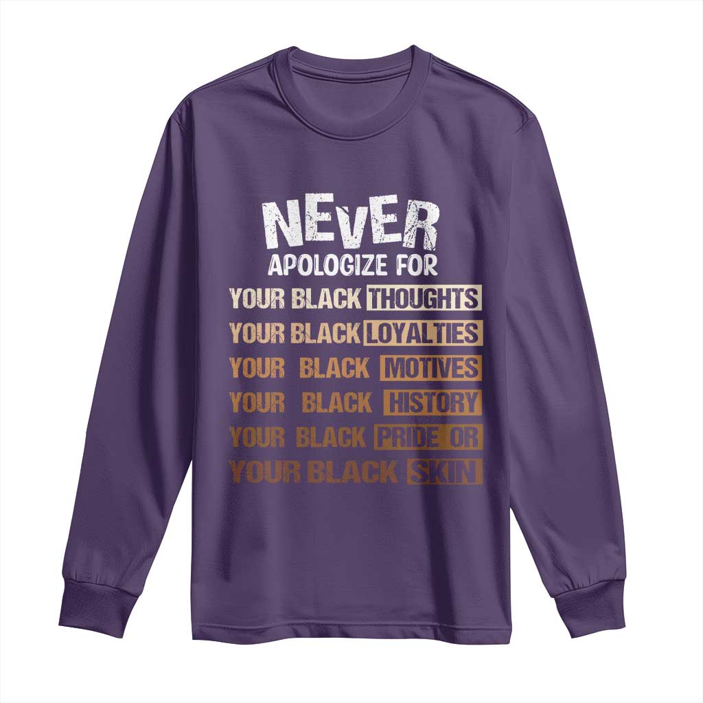 Never Apologize For Your Black Thoughts Loyalties Motives History Pride Or Skin Long Sleeve Shirt Pride African American Black History Month