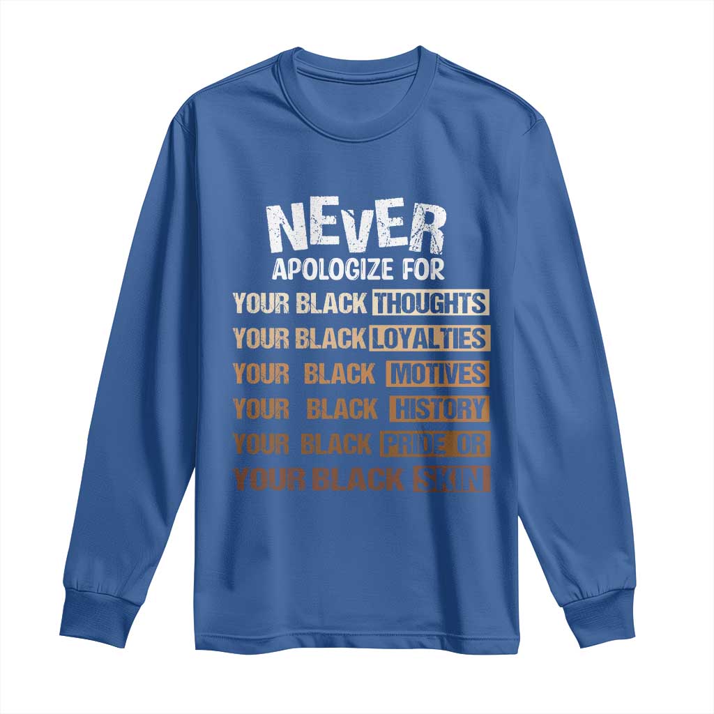 Never Apologize For Your Black Thoughts Loyalties Motives History Pride Or Skin Long Sleeve Shirt Pride African American Black History Month