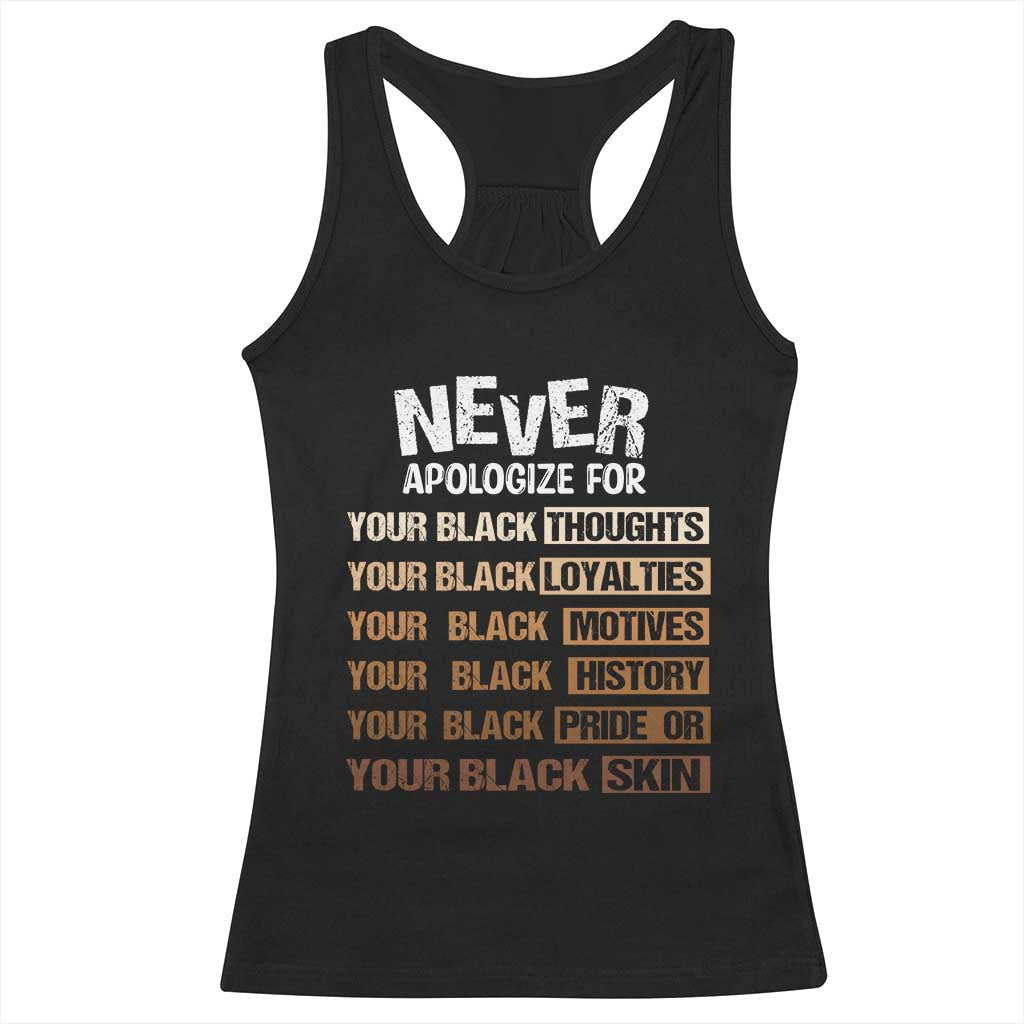 Never Apologize For Your Black Thoughts Loyalties Motives History Pride Or Skin Racerback Tank Top Pride African American Black History Month