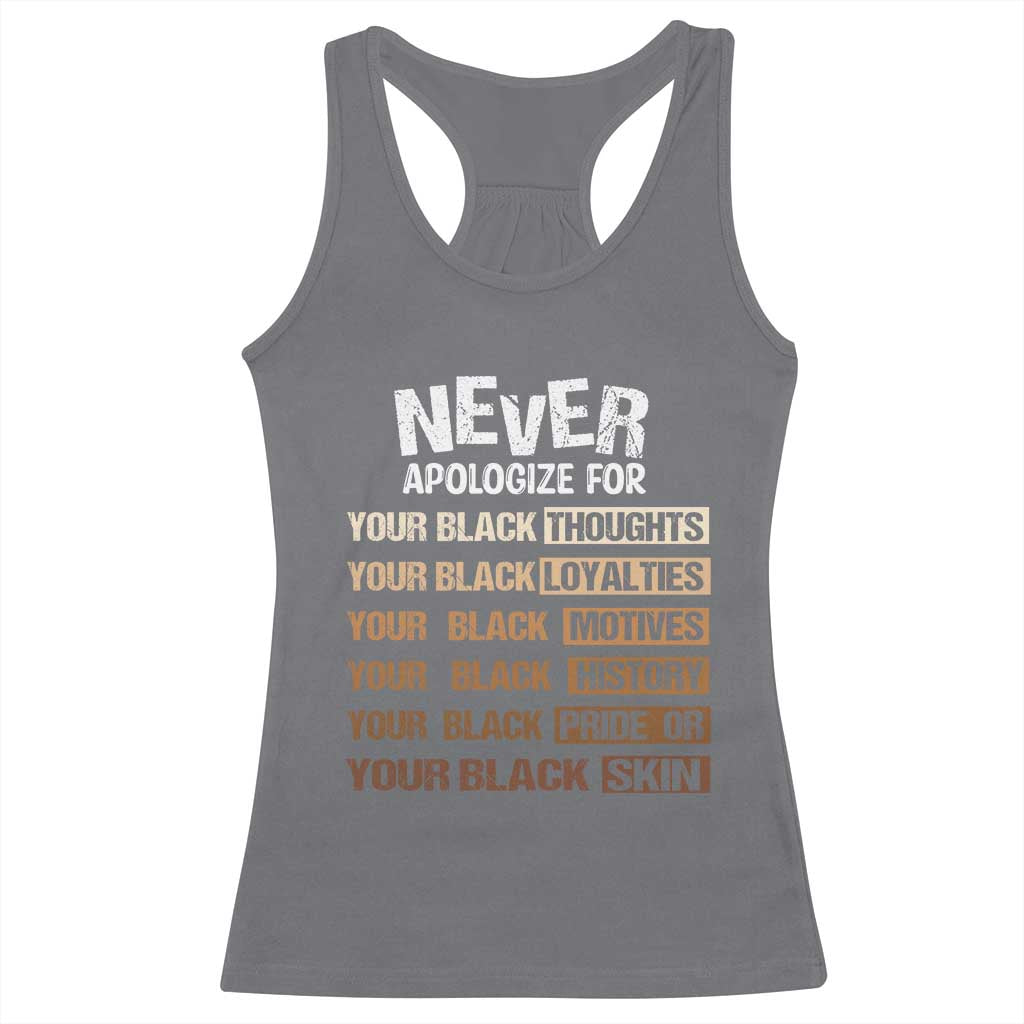 Never Apologize For Your Black Thoughts Loyalties Motives History Pride Or Skin Racerback Tank Top Pride African American Black History Month