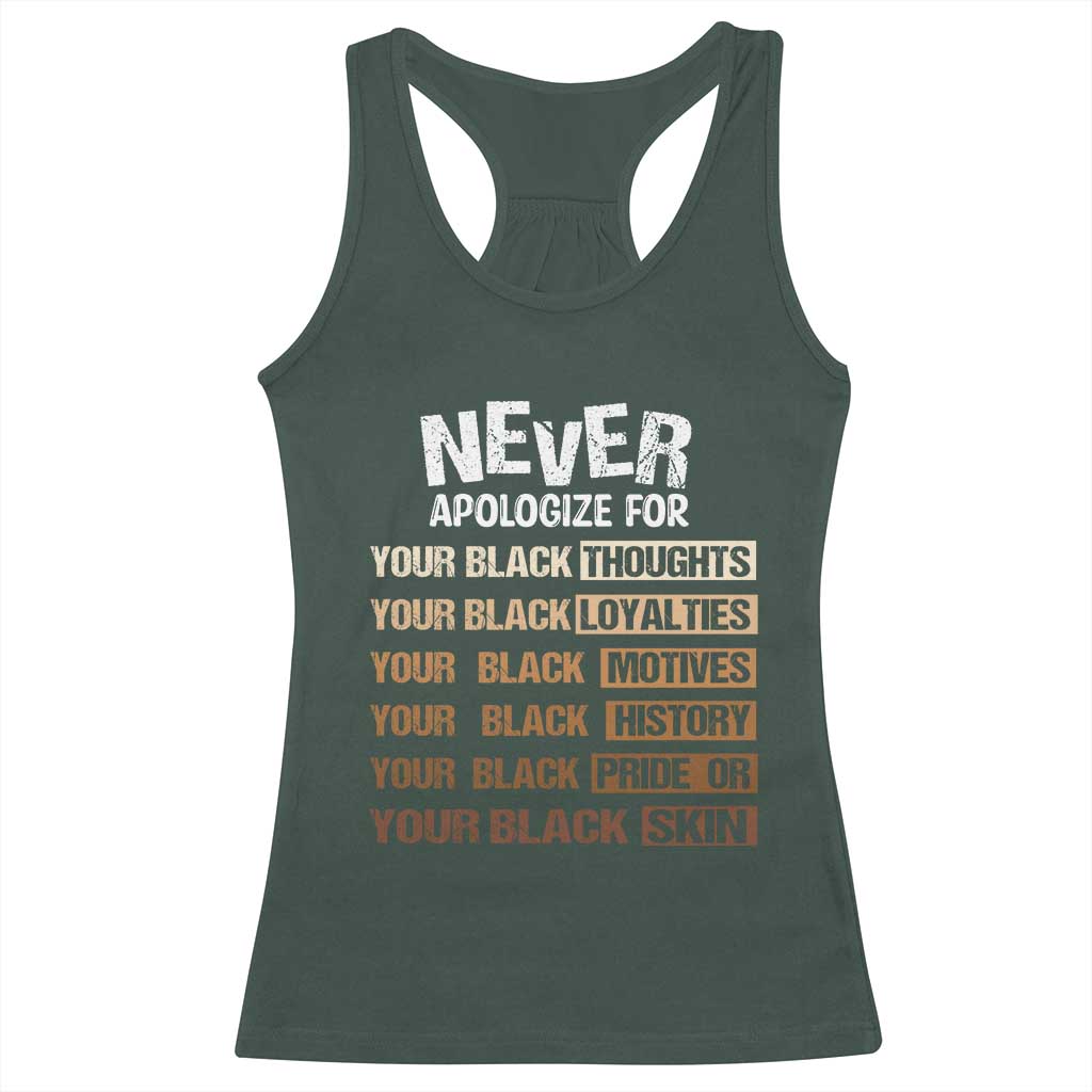 Never Apologize For Your Black Thoughts Loyalties Motives History Pride Or Skin Racerback Tank Top Pride African American Black History Month