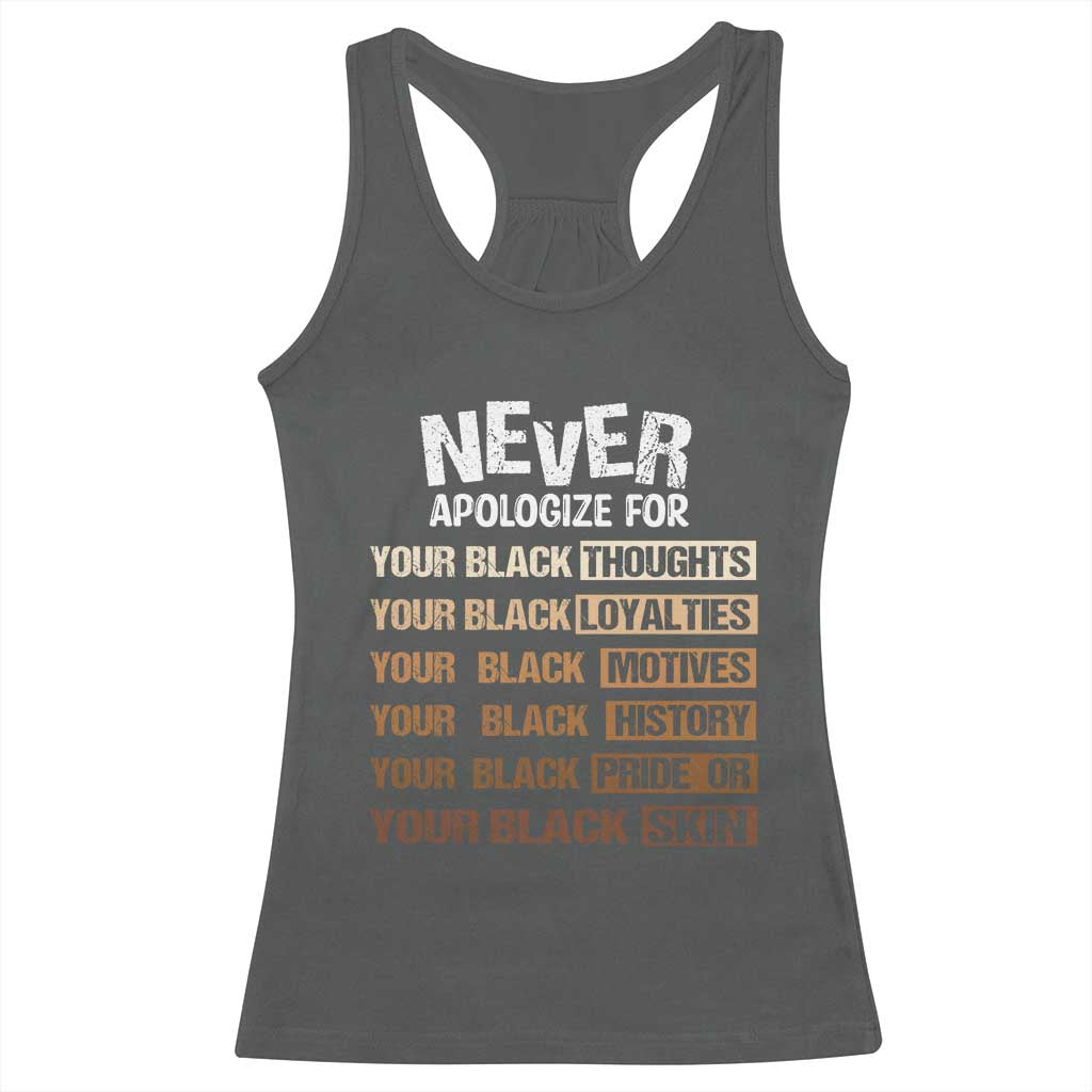 Never Apologize For Your Black Thoughts Loyalties Motives History Pride Or Skin Racerback Tank Top Pride African American Black History Month