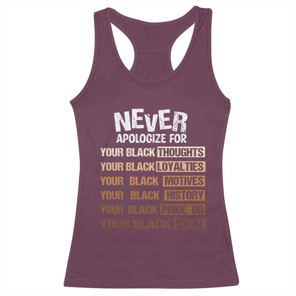 Never Apologize For Your Black Thoughts Loyalties Motives History Pride Or Skin Racerback Tank Top Pride African American Black History Month
