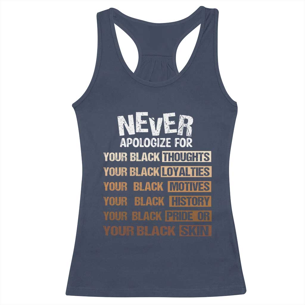 Never Apologize For Your Black Thoughts Loyalties Motives History Pride Or Skin Racerback Tank Top Pride African American Black History Month