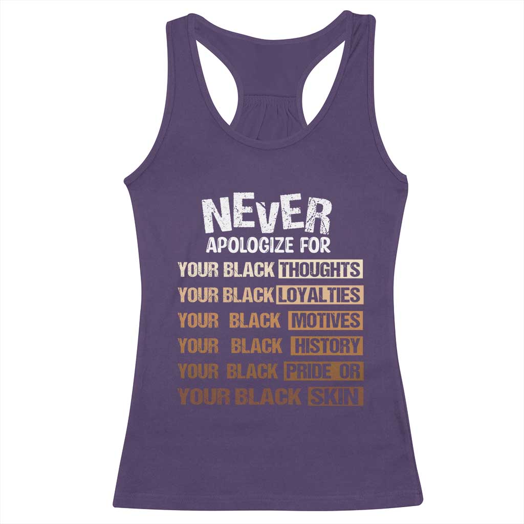 Never Apologize For Your Black Thoughts Loyalties Motives History Pride Or Skin Racerback Tank Top Pride African American Black History Month
