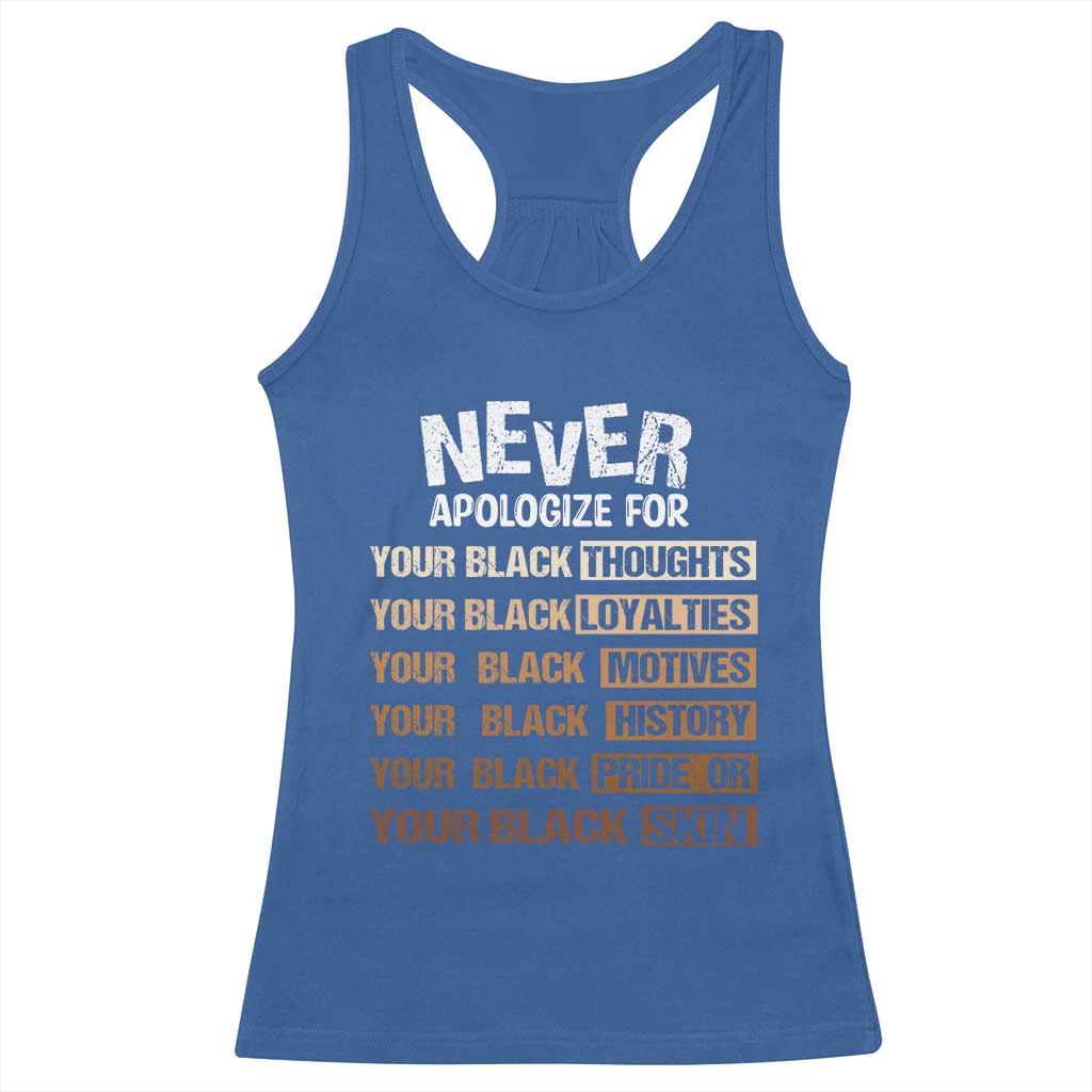 Never Apologize For Your Black Thoughts Loyalties Motives History Pride Or Skin Racerback Tank Top Pride African American Black History Month