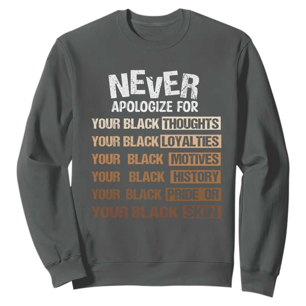 Never Apologize For Your Black Thoughts Loyalties Motives History Pride Or Skin Sweatshirt Pride African American Black History Month